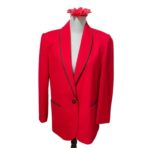 VTG Casablanca Red Wool Blazer Jacket Women’s Size 6 Black Trim 100% Pure Wool - Picture 1 of 11